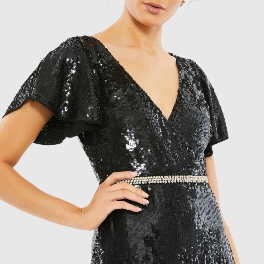 Mac Duggal Black Floral Sequin Flutter Sleeve Aline Wrap Cocktail Dress - Picture 3 of 7